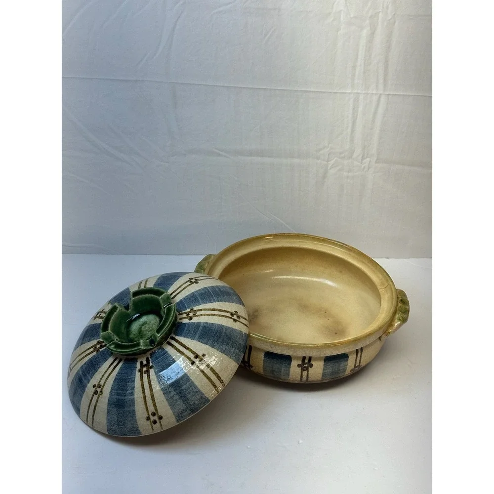 Vintage Japanese Donabe Casserole Pot Blue Striped Earthenware Cookware B-7